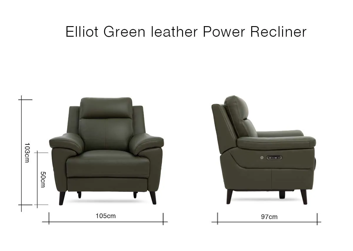 A dimension image of the Elliot Leather Power Recliner with 105cm x 97xm x 105cm