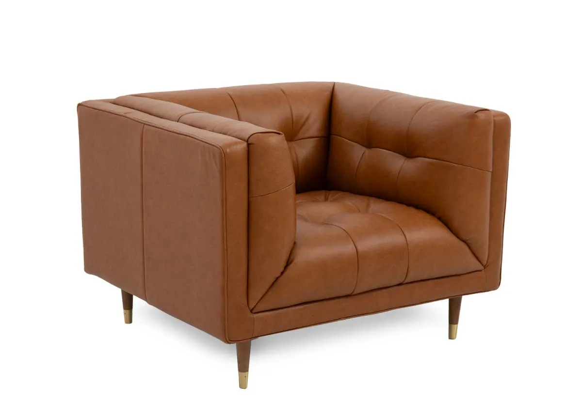 A tan leather armchair with button detail from EZ Livings Grace range. Angled view.