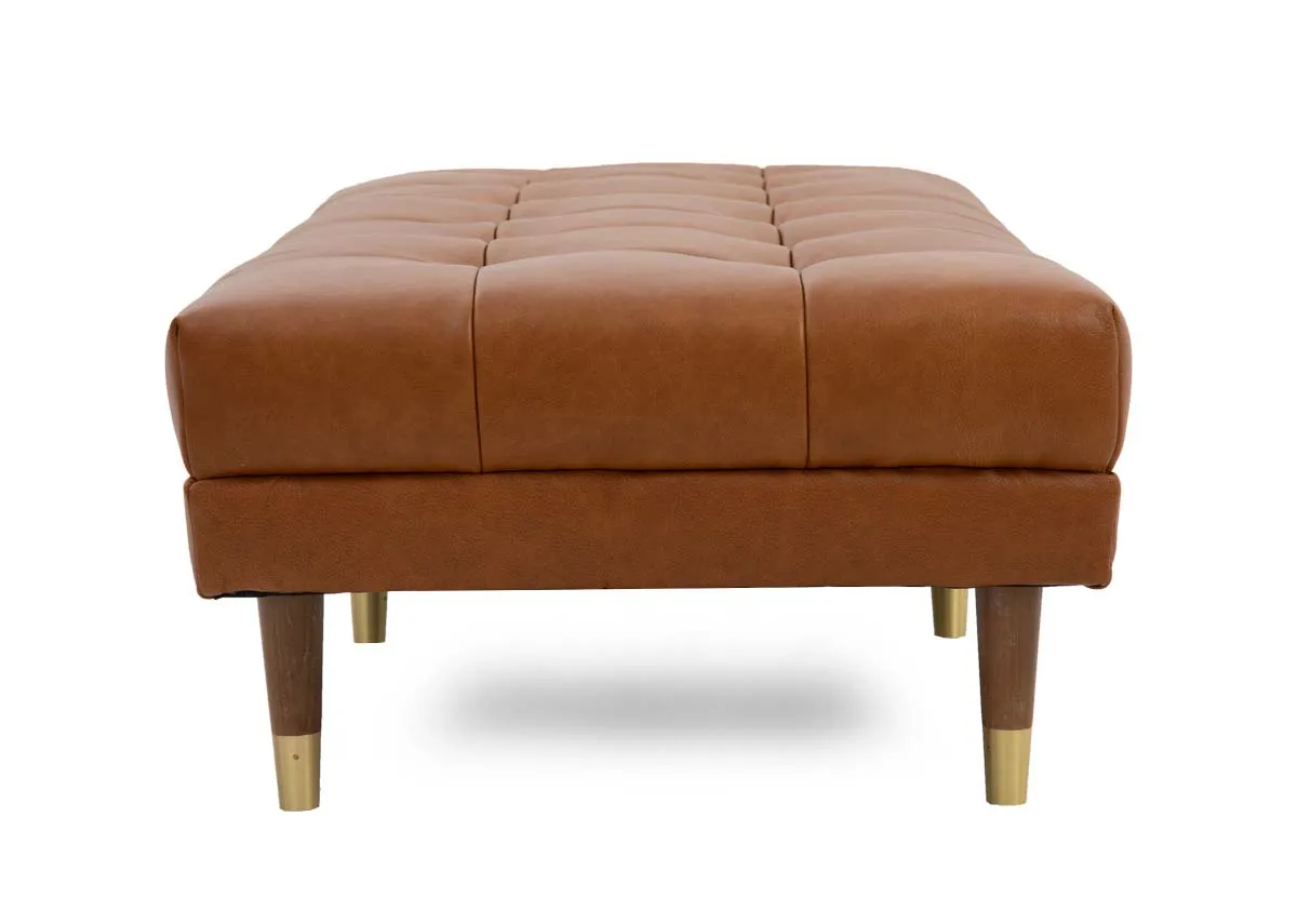 A tan leather footstool with button detail from EZ Livings Grace range. 