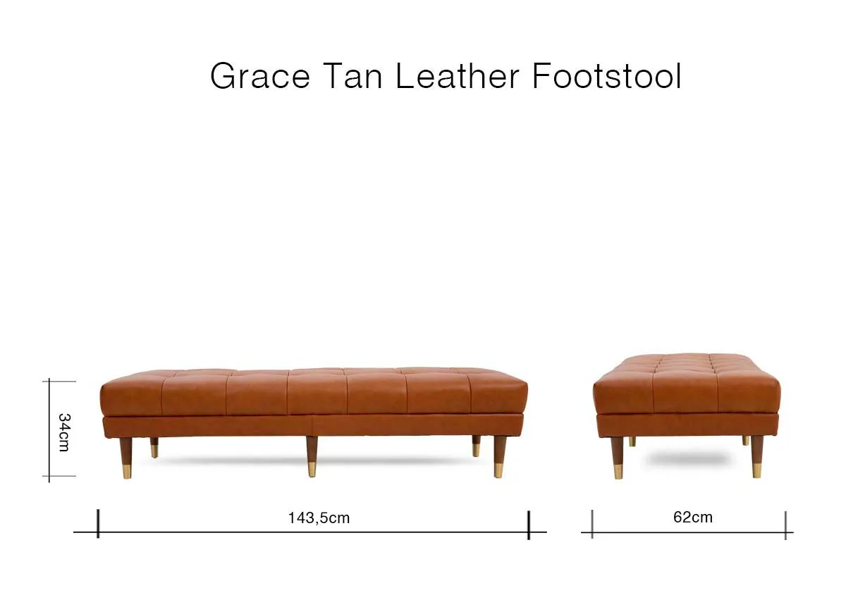 A dimension image of the Grace Tan Footstool with 143.5cm x 62cm x 34cm