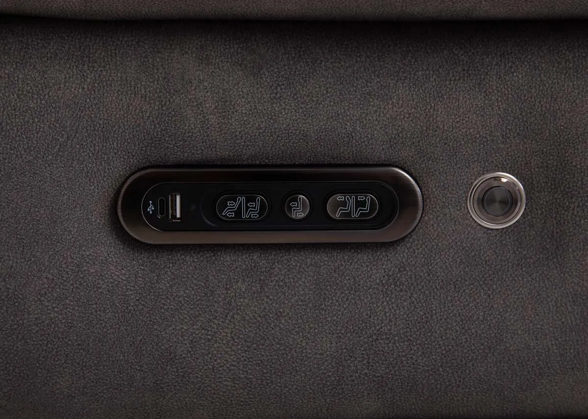 A brown fabric power reclining sofa from EZ Livings Carlton range. Closeup of usb charger and reclining buttons