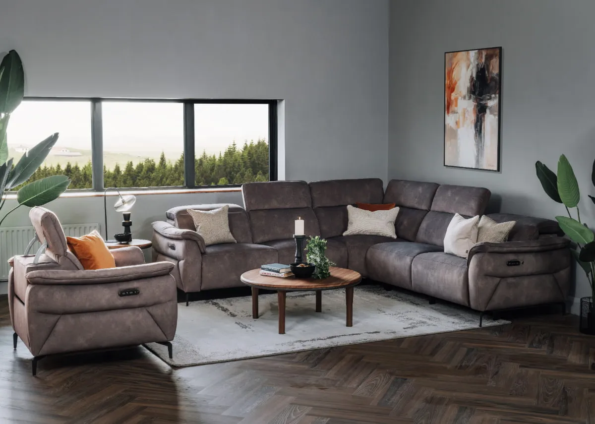 Brown Grey Fabric Power Reclining Corner Sofa - Carlton