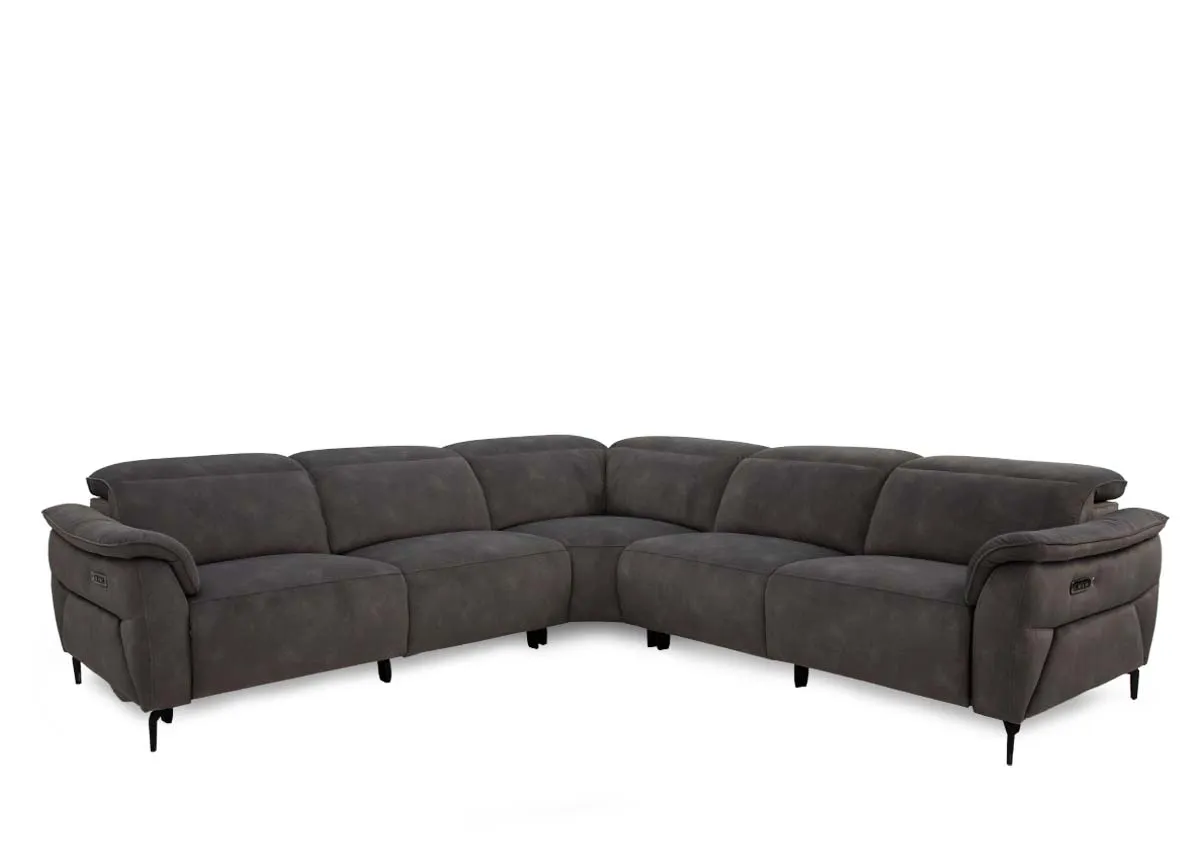 A brown fabric power reclining sofa from EZ Livings Carlton range.Front view of sofa with recliners and headreats down.