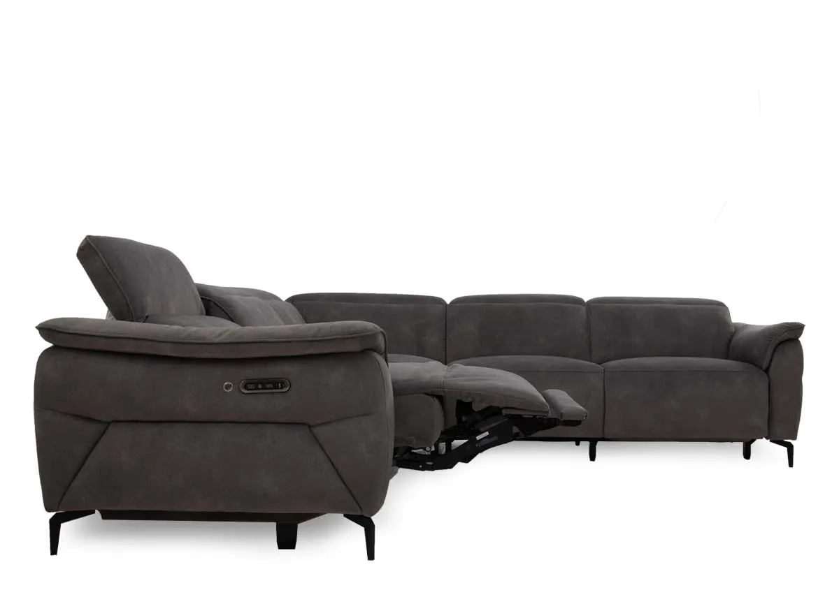 A brown fabric power reclining sofa from EZ Livings Carlton range.Side view of armchair reclined