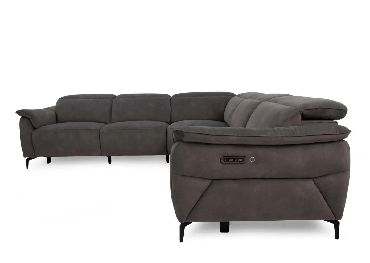 A brown fabric power reclining sofa from EZ Livings Carlton range.Side view of sofa in fixed mode