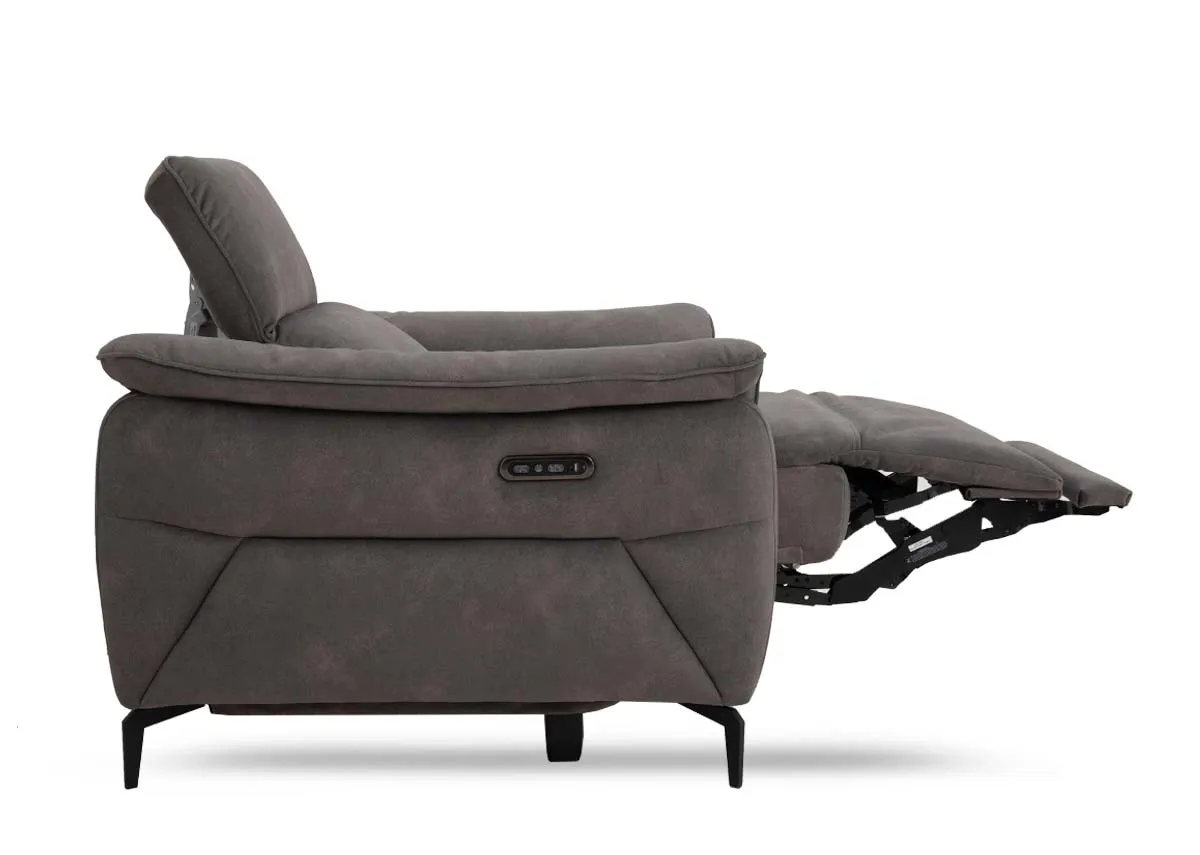 A brown fabric power recliner from EZ Livings Carlton range. Side view of recliner out