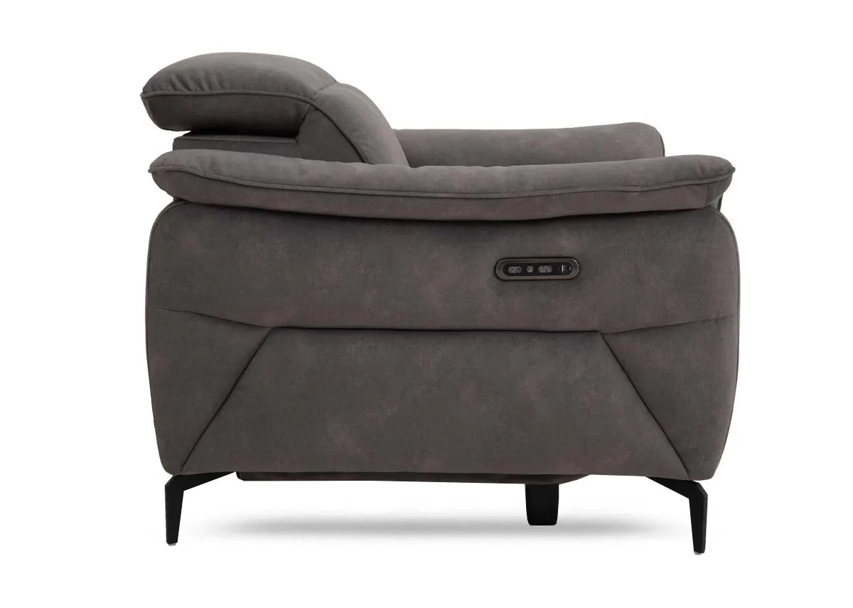 A brown fabric power recliner from EZ Livings Carlton range. Side view of headrest back
