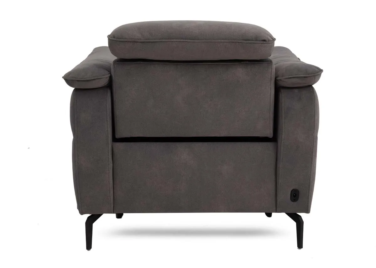 A brown fabric power recliner from EZ Livings Carlton range. Back view of warrantied frame