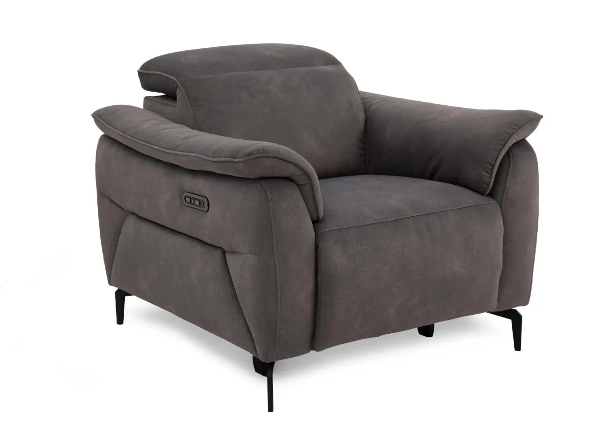 A brown fabric power recliner from EZ Livings Carlton range. Angled view of headrest back and recliner down