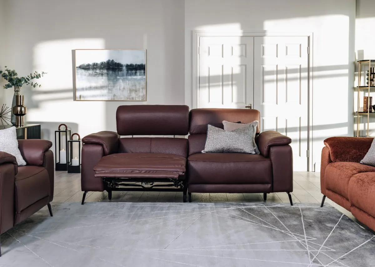 3 Seater Rose Brown Leather Power Recliner Sofa - Paige