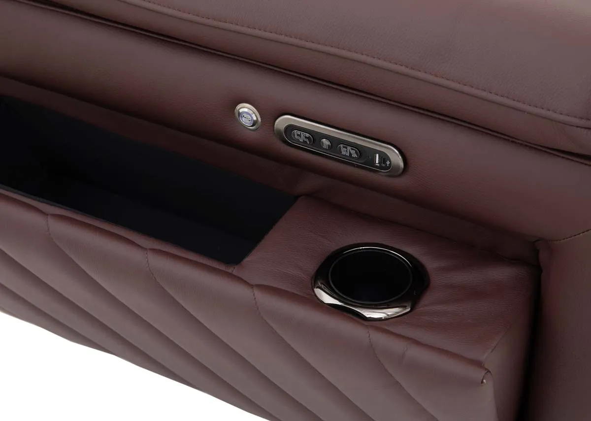 A 3 seater brown leather power recliner from EZ Livings Paige range. Closeup of cup holder and storage in armrest