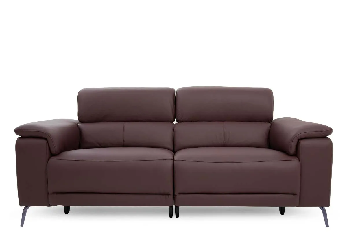 A 3 seater brown leather power recliner from EZ Livings Paige range. Front view