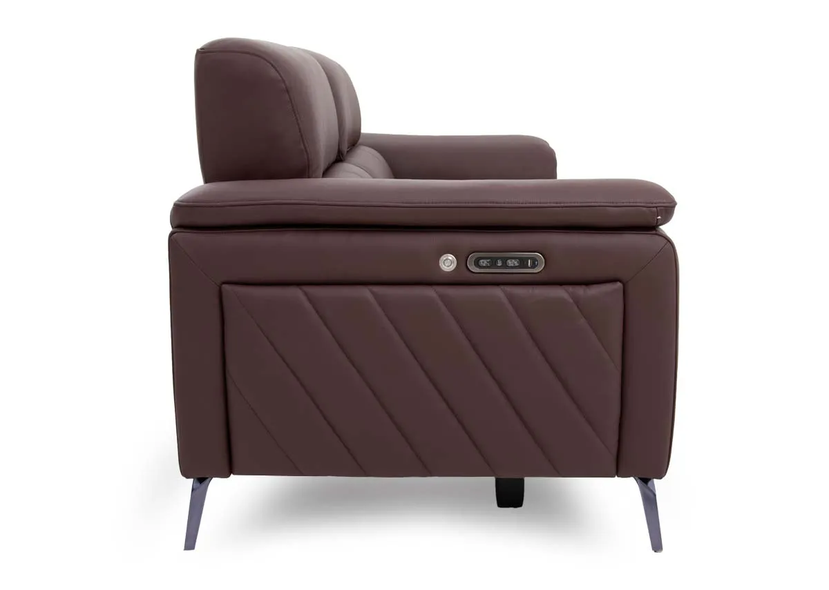 A 3 seater brown leather power recliner from EZ Livings Paige range. Side view of diagnol detail in leather