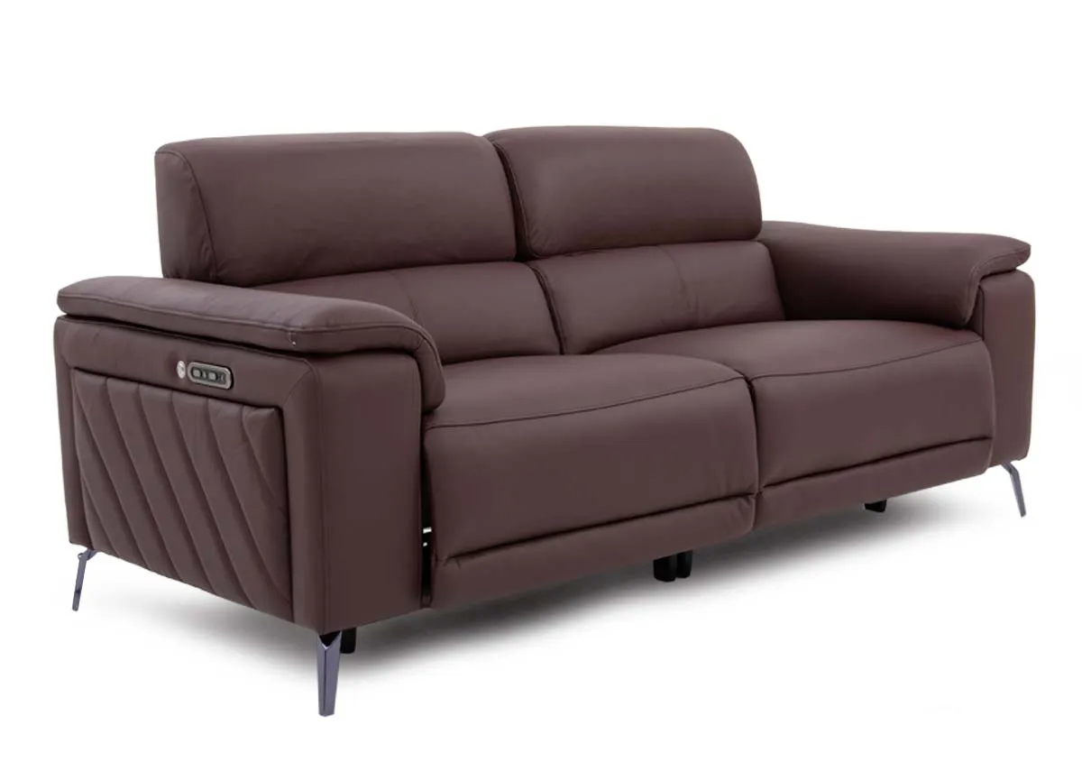 3 Seater Rose Brown Leather Power Recliner Sofa - Paige