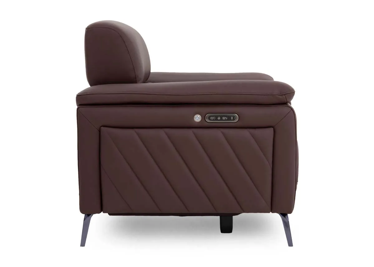 A brown leather power recliner from EZ Livings Paige range. Side view of seam detail in leather