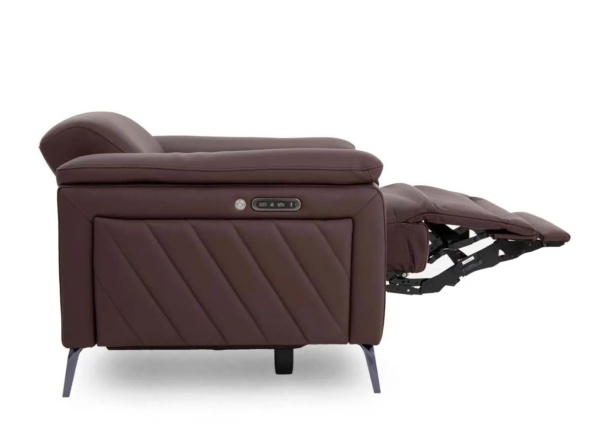 A brown leather power recliner from EZ Livings Paige range.Side view of reclined chair
