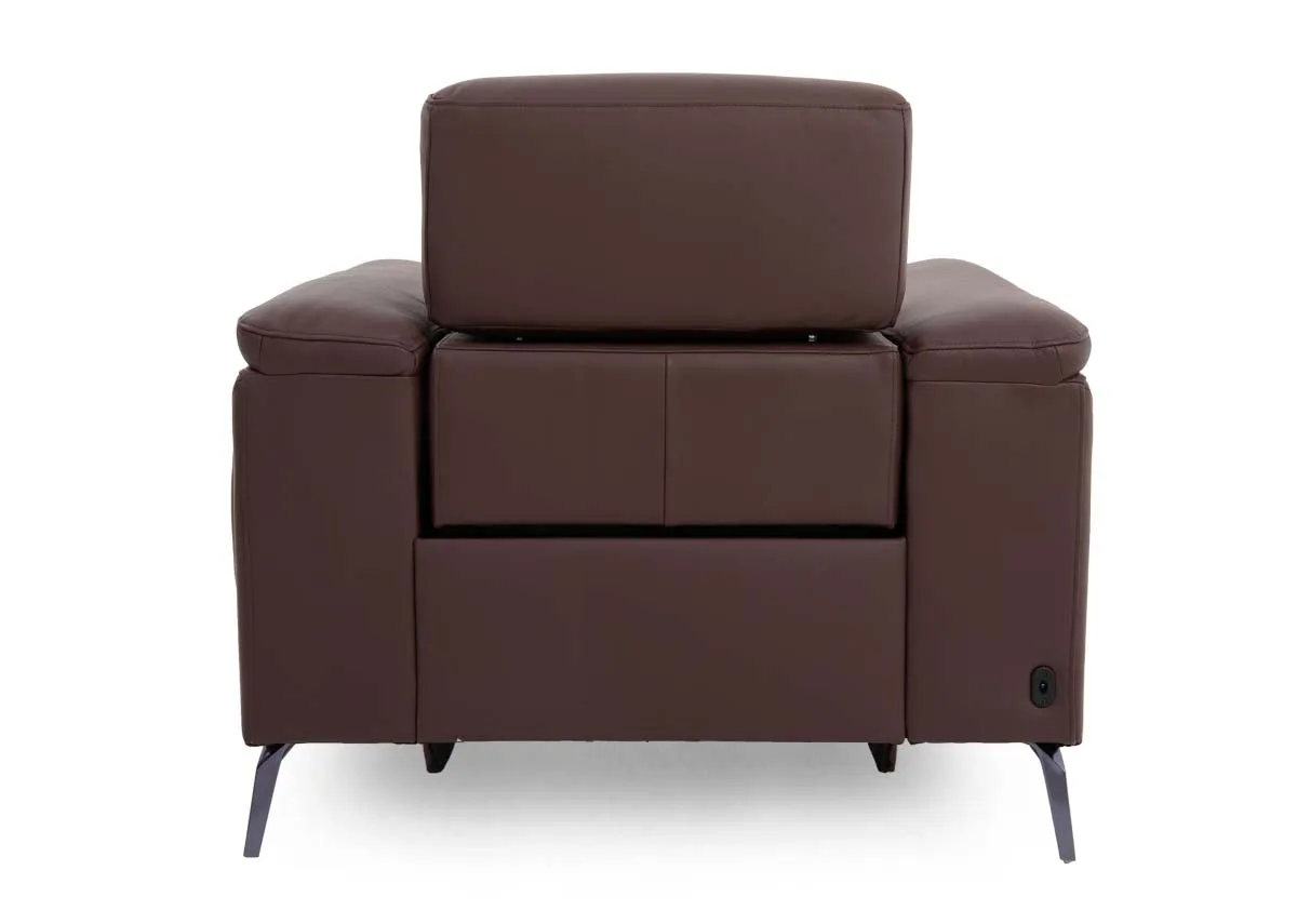 A brown leather power recliner from EZ Livings Paige range.Back view of slim frame