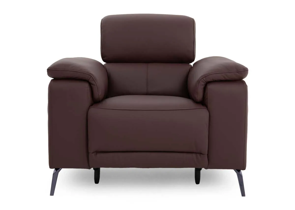 A brown leather power recliner from EZ Livings Paige range.Front view of padded seat back and armrests