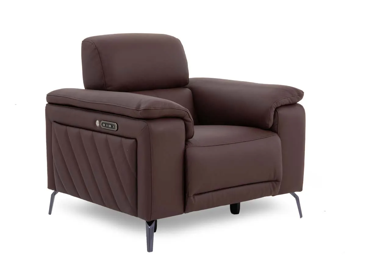 A brown leather power recliner from EZ Livings Paige range. Angled view of sofa in fixed mode.