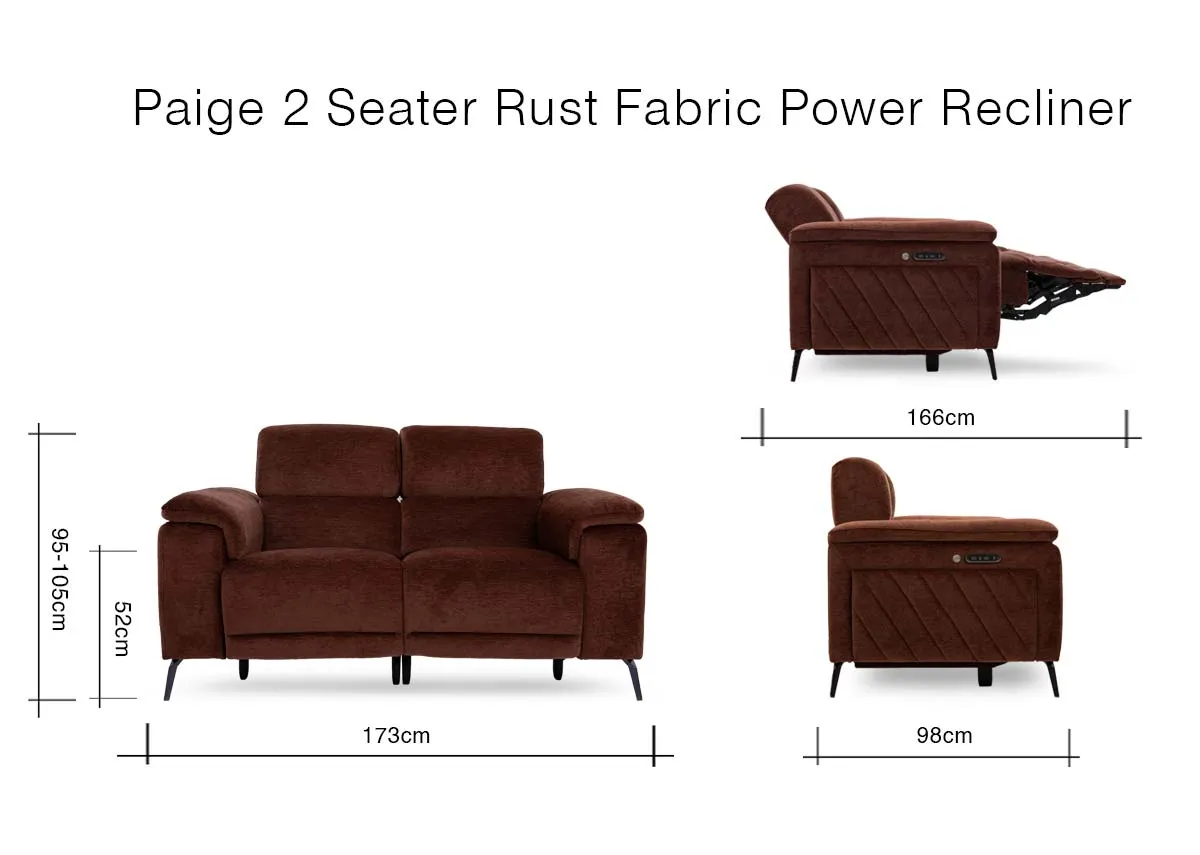 A dimension image of the Paige 2 Seater sofa with 173cm x 98-166cm x 95-105cm