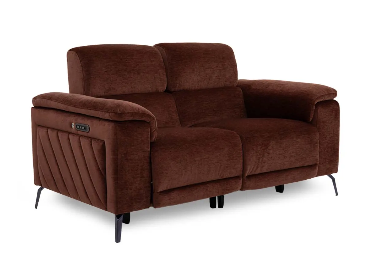 A 2 seater brown fabric power recliner from EZ Livings Paige range. Angled view of sofa in fixed mode.