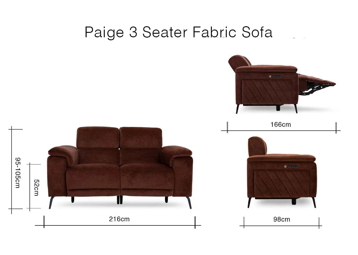 A dimension image of the Paige 3 Seater sofa with 216cm x 95-105cm x 98cm - 166cm