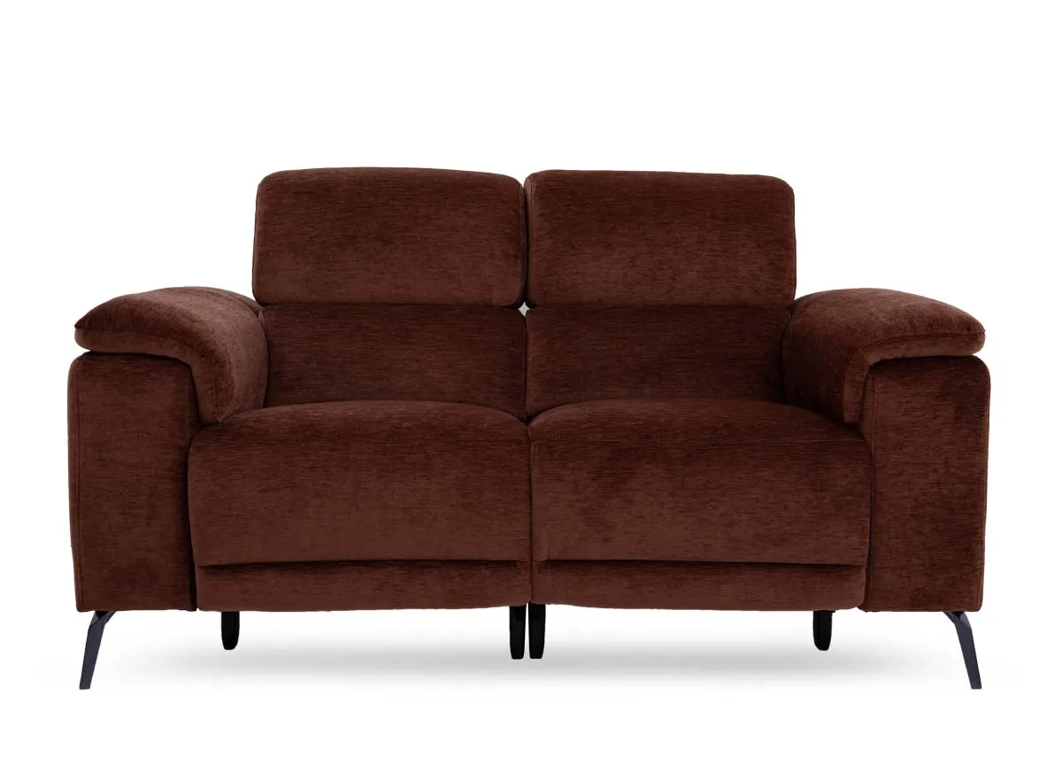 A 3 seater rust brown power recliner from EZ Livings Paige range. Front view of padded seat armrest and back