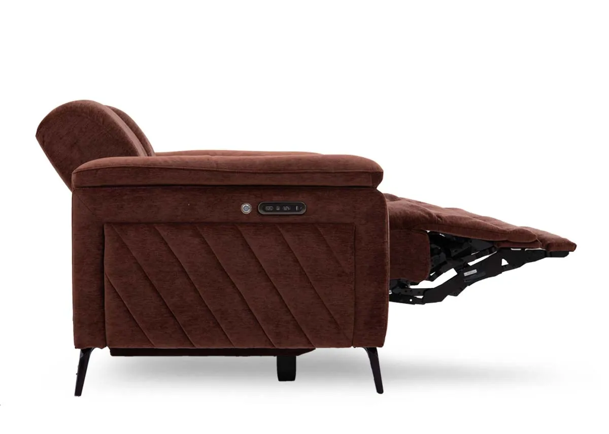 A 3 seater rust brown power recliner from EZ Livings Paige range. Side veiw of seat reclined