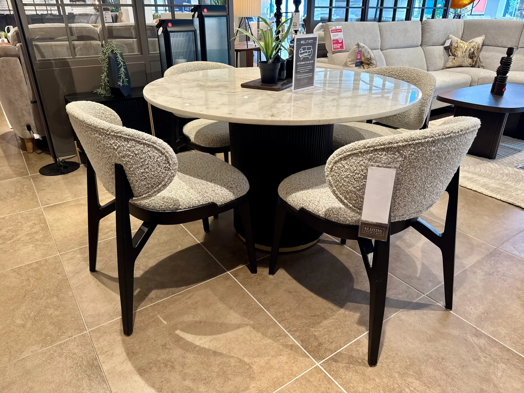 Rego 120cm Marble & Black Mango Round Dining Table & 4 x Joey Light Grey Fabric Dining Chair (Tallaght Floor Model)