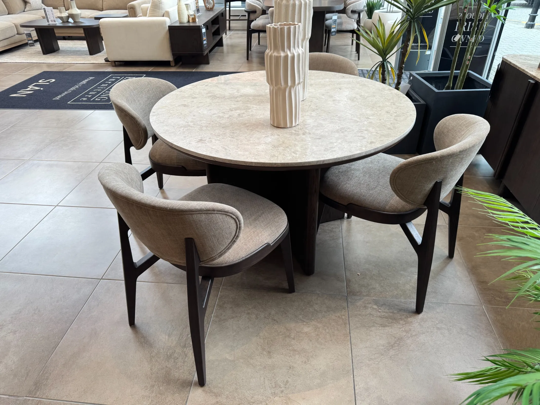 Ritz 120cm Dark Brown Round Dining Table with Marble Top & 4 x Joey Dining chairs (Tallaght floor Model)