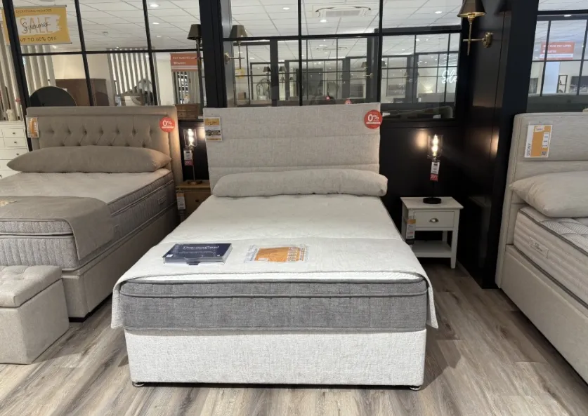 FLORENCE 5FT BASE WITH SILVER GLIDES & MODENA 3 ROW 5FT FULL HEIGHT HEADBOARD (Cavan Floor Model)