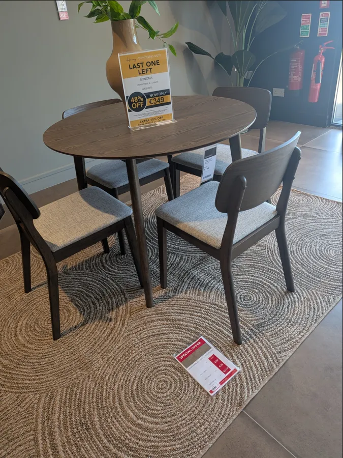 Sonoma 100cm Brown Wood Round Dining Table & 4 x Brown Dining Chair with Grey Fabric Seat (Castlebar Floor Model)