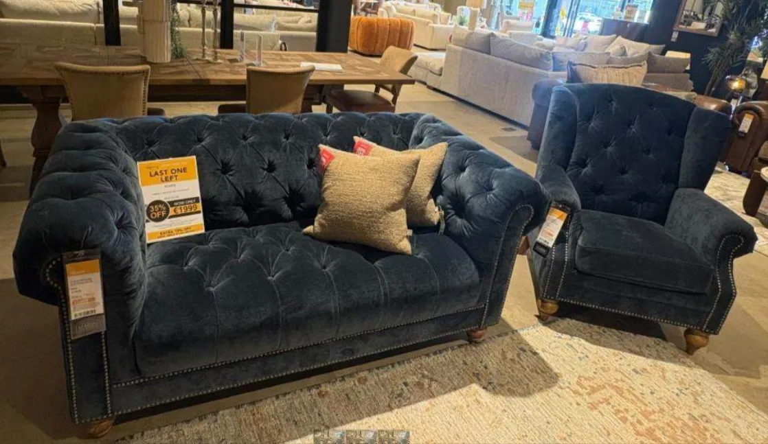 Adare Blue Fabric Wing Chair & 2 Seater Blue Fabric Sofa (Cavan Floor Model)