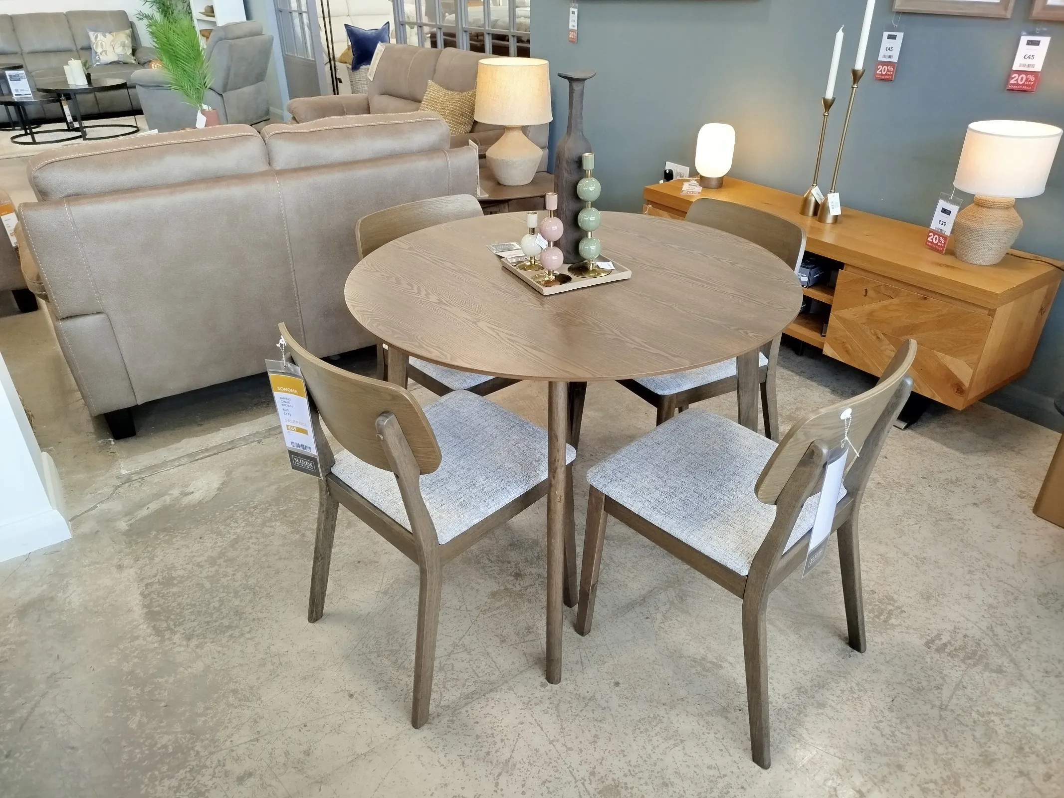 Sonoma - 100cm Brown Wood Round Dining Table + 4x Dining Chairs (Naas Road Floor Model)