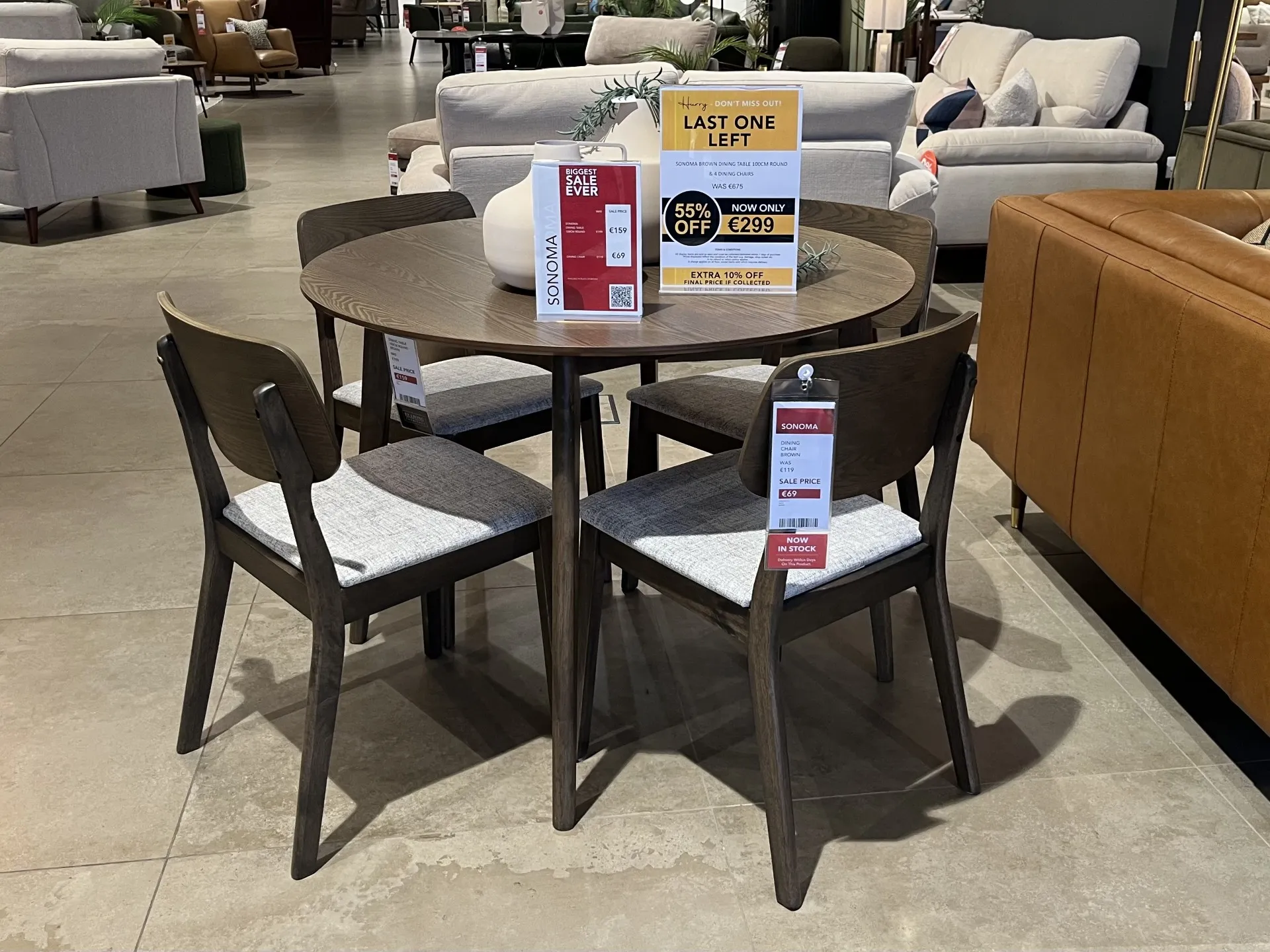 Sonoma 100cm Brown Wood Round Dining Table & 3 x Brown Dining Chair with Grey Fabric Seat (Carlow Floor Model)