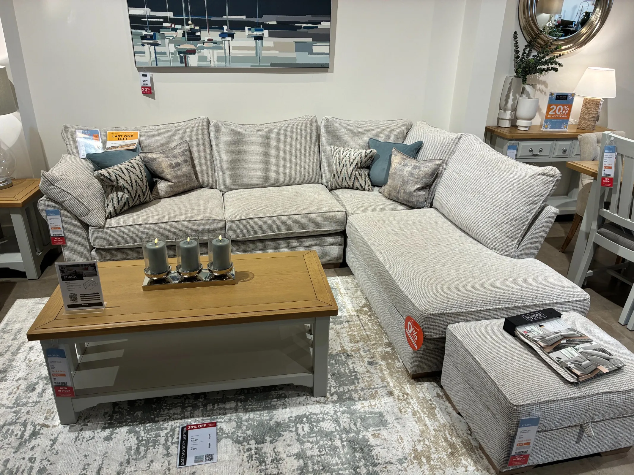 Strata Beige Fabric Accent LAF Corner Chaise & 2 Seater Beige Accent Fabric Sofa (Carlow Floor Model)