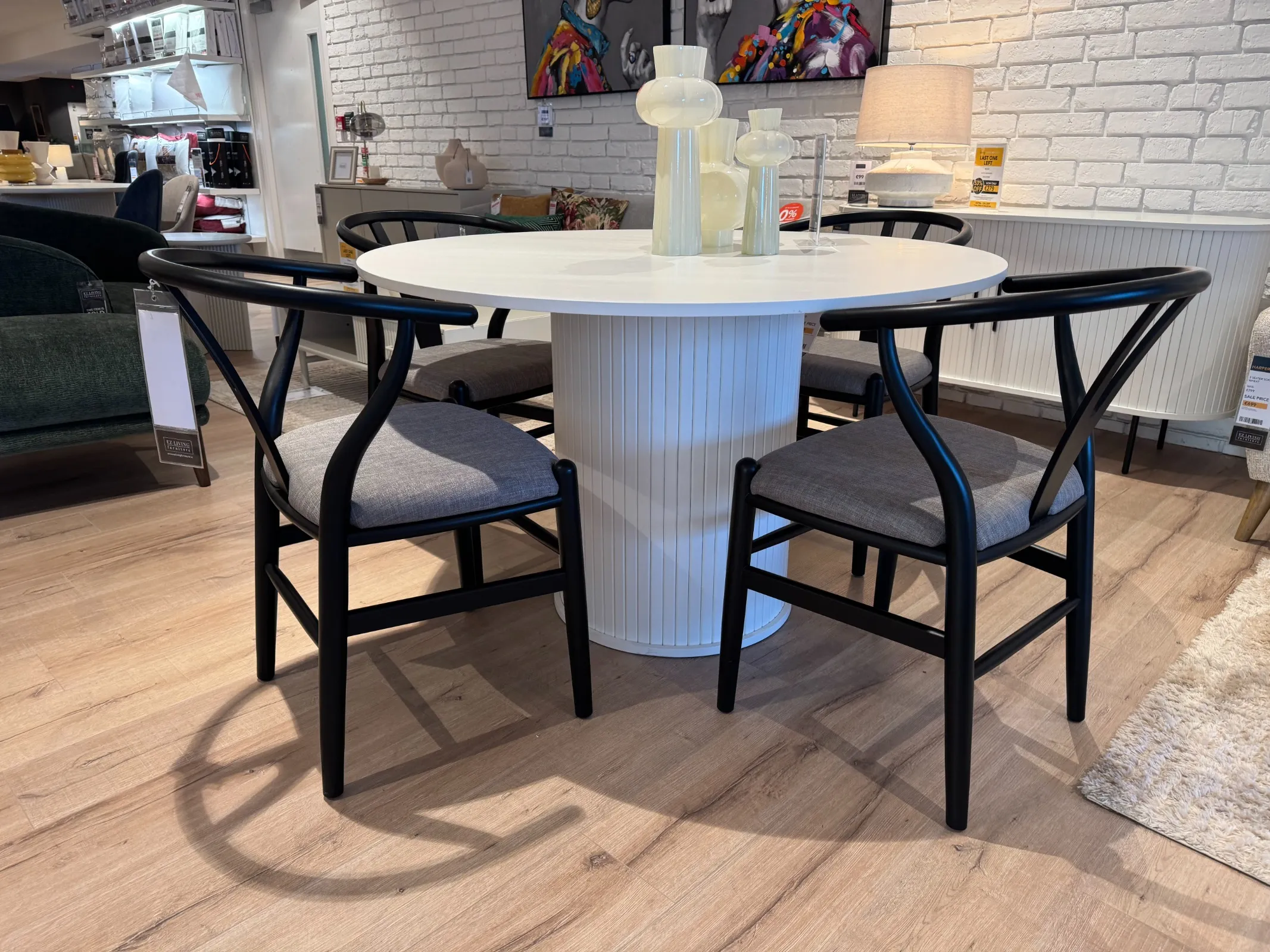 Nola 120cm White Oak Round Dining Table & 4 x Wishbone Black Dining Chair with Grey Seat (Tallaght Floor Model)