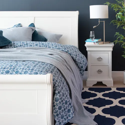 White Chantilly two drawer bedside table from EZ Living Furniture.