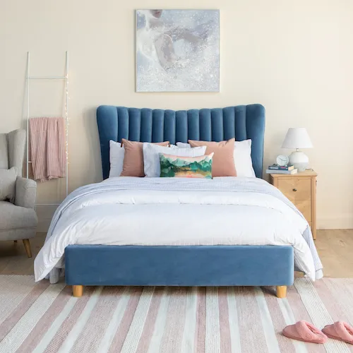Rosey blue velvet bed frame from EZ Living Furniture.