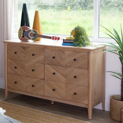 Chevron 6 drawer oak and pine wide chest of drawers from EZ Living Furniture.