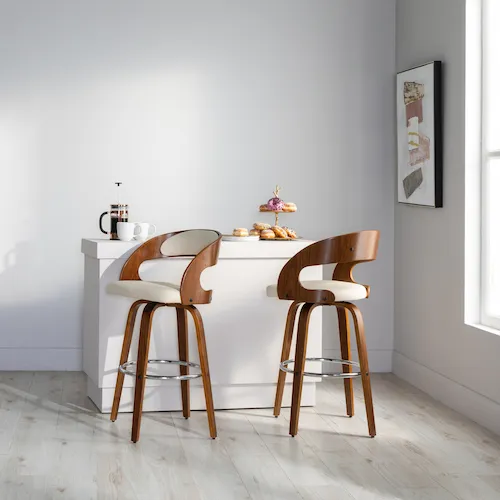 The Texas Cream Faux Leather and Walnut Bar Stools from EZ Living Furniture.