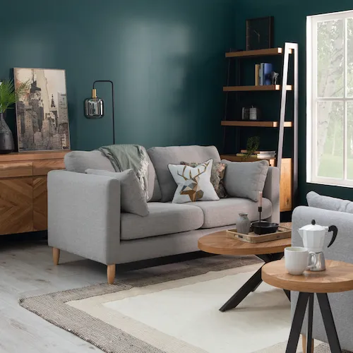 Alamo grey sofa with Ellipse Oak Coffee Table from EZ Living Furniture.