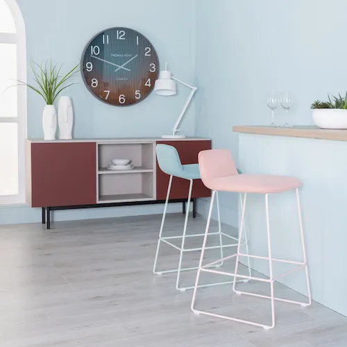 Riley Blue and Pink Bar Stools from EZ Living Furniture with light blue wall.