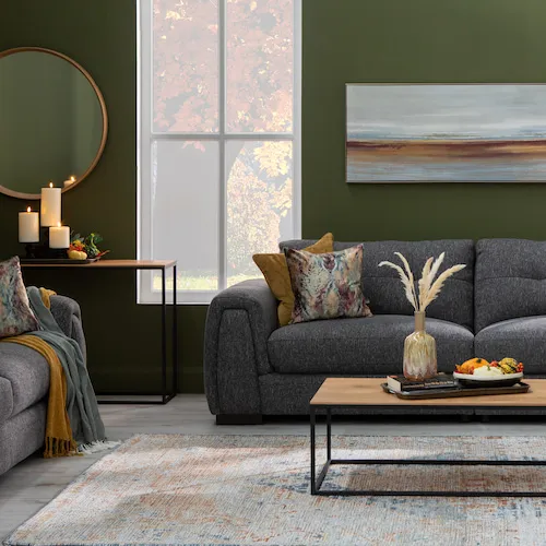 Green painted walls with Cliff sofa from EZ Living Furniture.