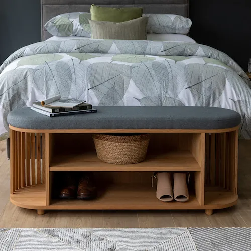Recap oak bench with grey fabric seat from EZ Living Furniture.