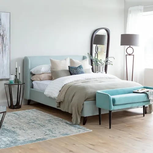 Marcello light green fabric bed frame from EZ Living Furniture.