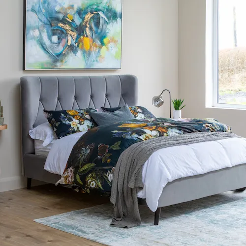 Garcia grey velvet bed frame from EZ Living Furniture.
