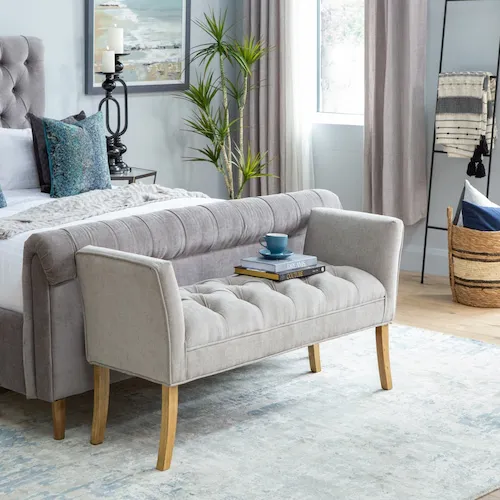 Cancun grey fabric bedroom bench from EZ Living Furniture.
