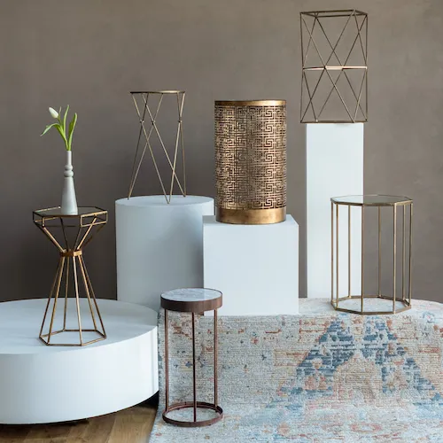 Mable and copper geometric lamp tables from EZ Living Furniture.