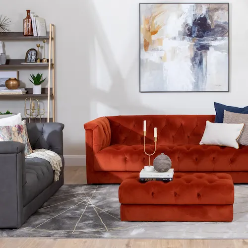 Louvre Orange Sofa and Footstool from EZ Living Furniture.